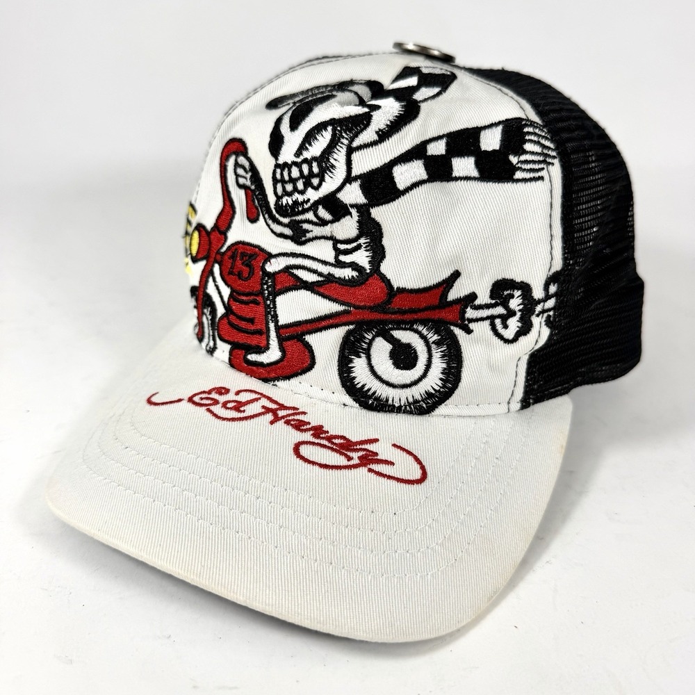 Ed Hardy Trucker Hat Skeleton Motorcycle Racing Embroidered Mesh Snapback Y2K